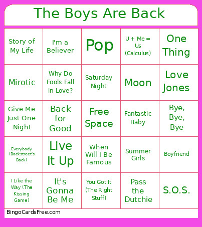 The Boys Are Back Bingo Card