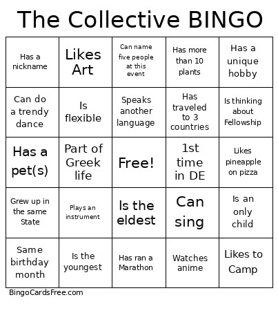 The Collective Orientation Bingo Card