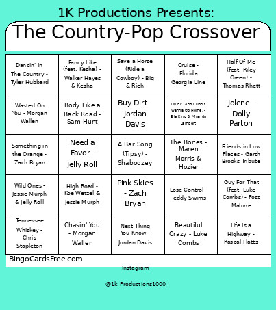 The Country Pop Crossover Bingo Card