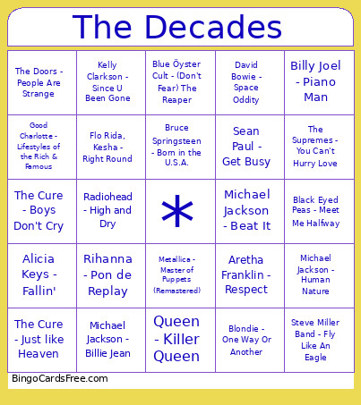 The Decades Bingo Card