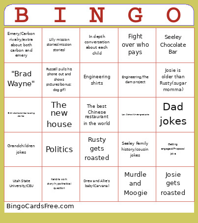 THE Dinner Bingo Card