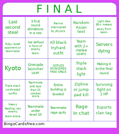 The Finals Solo-Q Cashout Bingo Card