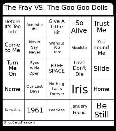 The Fray VS. The Goo Goo Dolls Bingo Card