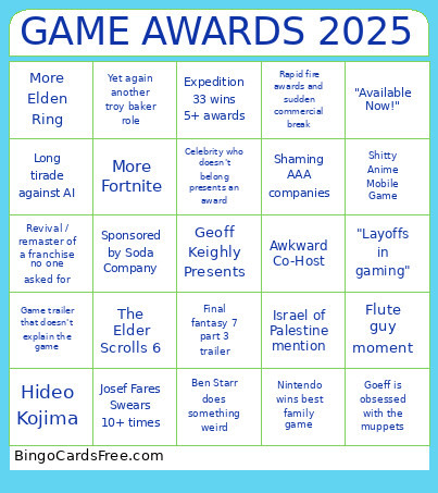 The Game Awards 2025 Bingo Card