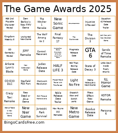 The Game Awards 2025 Bingo Card