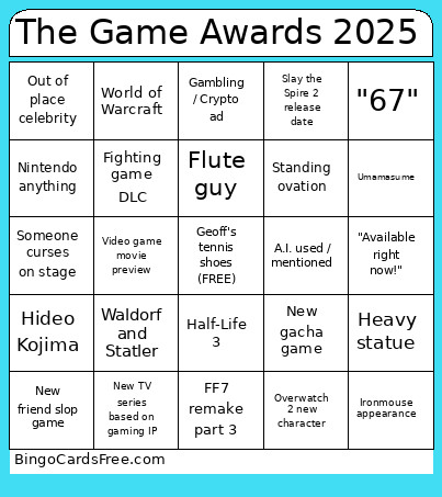 The Game Awards 2025 Bingo Card