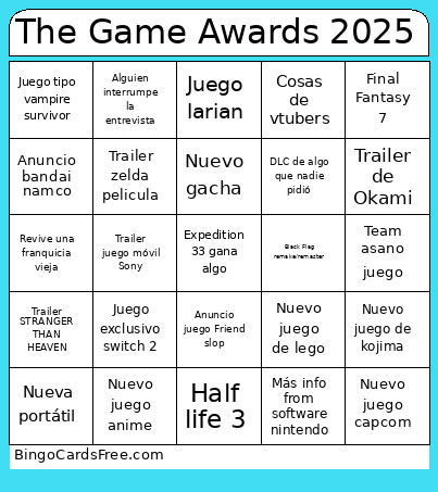 The Game Awards 2025 Bingo Card