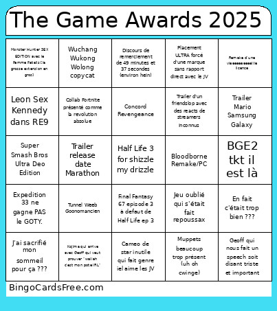 The Game Awards 2025 Bingo Card