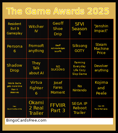 The Game Awards 2025 Bingo Card 2