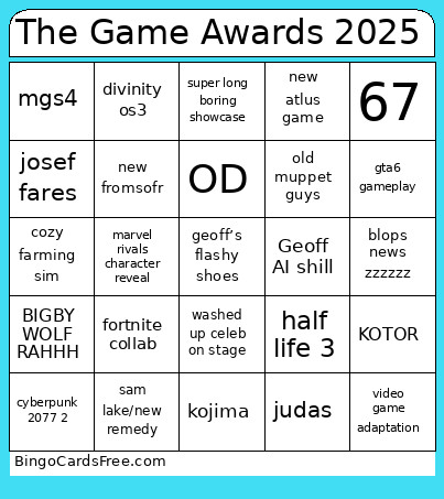 The Game Awards 2025 Bingo Card