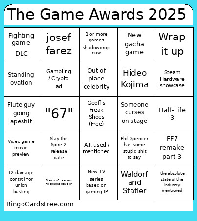 The Game Awards 2025 Bingo Card
