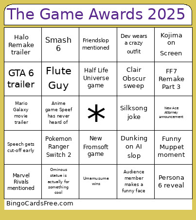 The Game Awards 2025 Bingo Card 2