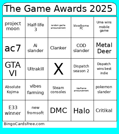 The Game Awards 2025 Bingo Card