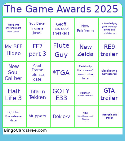 The Game Awards 2025 Bingo Card 2