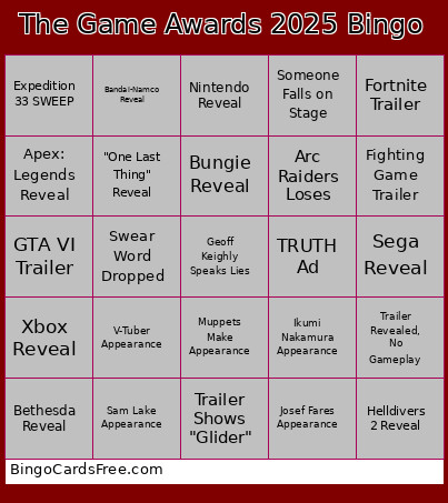The Game Awards 2025 Bingo Card