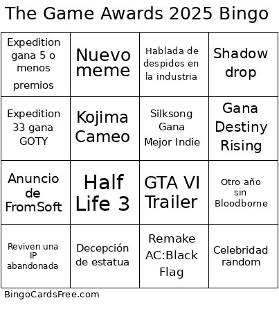 The Game Awards 2025 Bingo Card 2