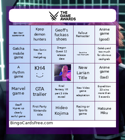 The Game Awards Bingo Card