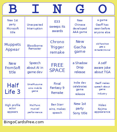 The Game Awards Bingo Card