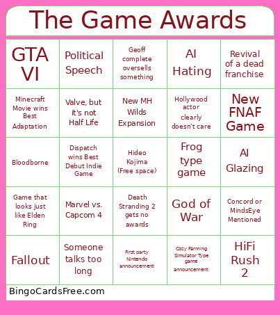 The Game Awards Bingo Card