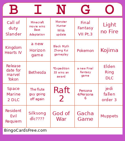The Game Awards Bingo Card