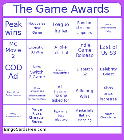 The Game Awards Bingo Card 2