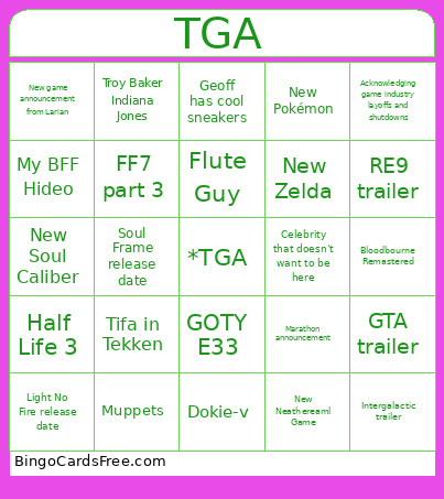 The Game Awards Bingo Card