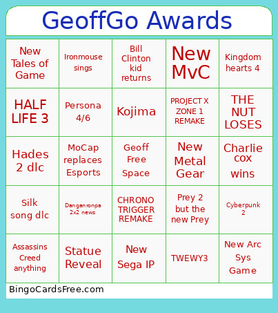 The Game Awards Bingo Card