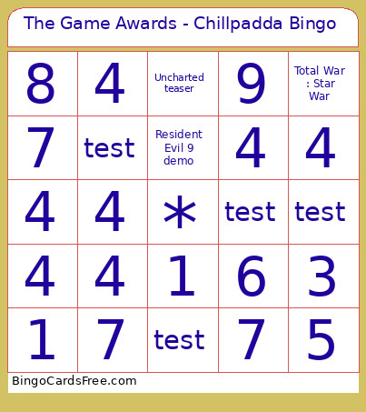 The Game Awards - Chillpadda Bingo Card
