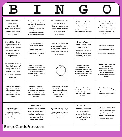 The Giver Choice Board Bingo Card