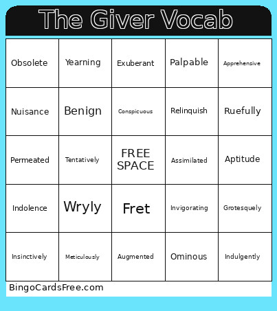 The Giver Vocab Bingo Card