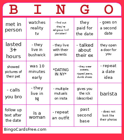 The Great Date Off Bingo Card