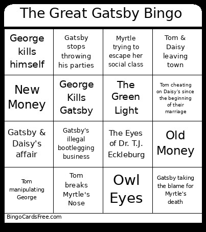 The Great Gatsby Bingo Card