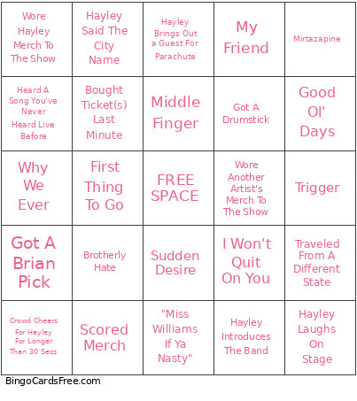 The Hayley Williams Show Bingo Card