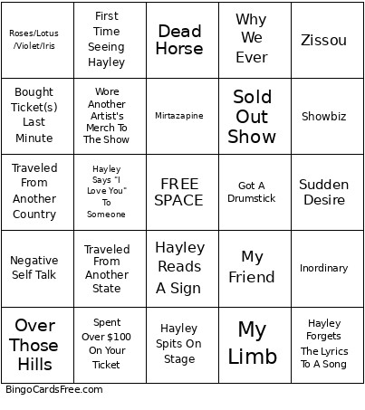 The Hayley Williams Shows Bingo Card