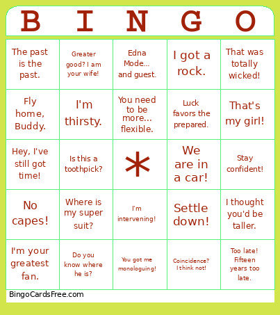 The Incredibles Bingo Card