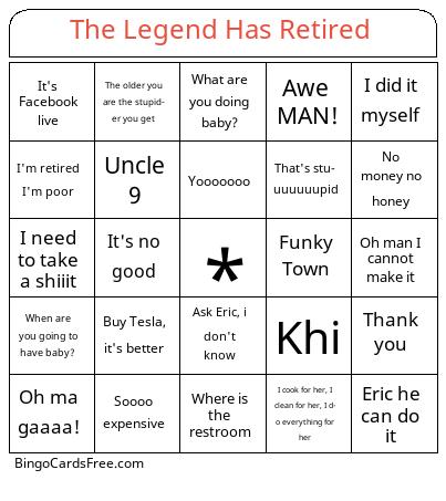 The Legend Has Retired Bingo Cards Free Pdf Printable Game, Title: The Legend Has Retired