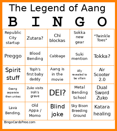 The Legend Of Aang Movie Bingo Card