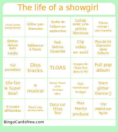 The Life Of A Showgirl Bingo Card 2