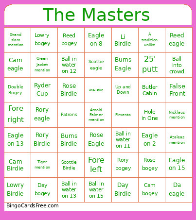 The Masters Bingo Card