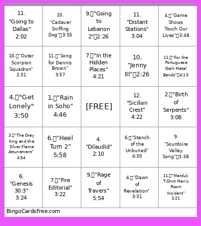 The Mountain Goats Studio Albums (2002-2025) Bingo Card