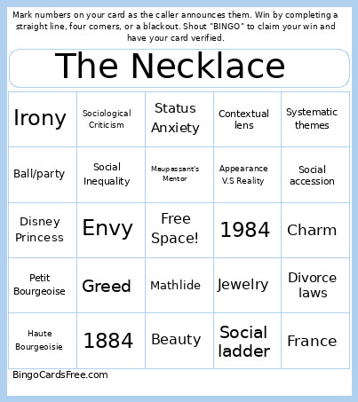 The Necklace Bingo Card