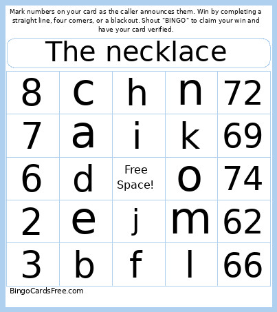 The Necklace Bingo Card