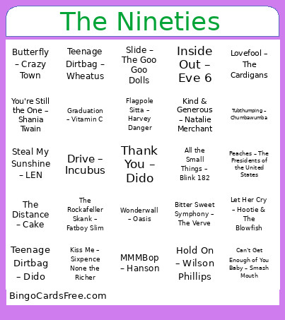 The Nineties Bingo Card