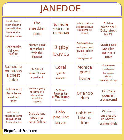 The Pitt S2 E14 Bingo Card