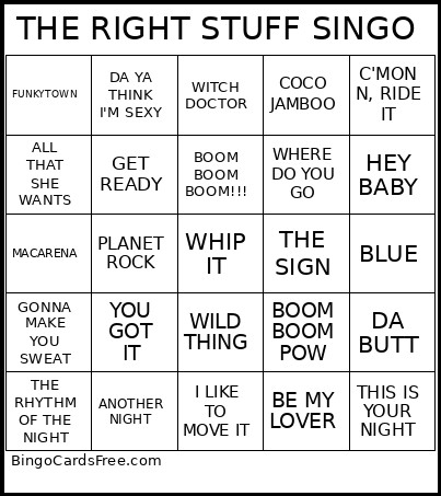 THE RIGHT STUFF SINGO Bingo Card