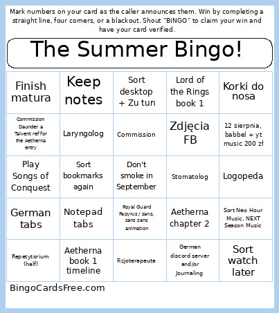 The Summer ! Bingo Card