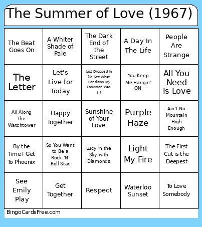 The Summer Of Love (1967) Bingo Card