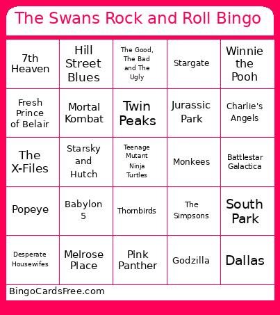 The Swans 50's And 60's Rock And Roll Bingo Card