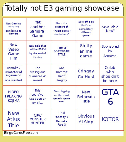 The Totally Not E3 Gaming Showcase Bingo Card