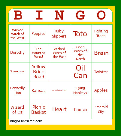 The Wizard Of Oz Bingo Card